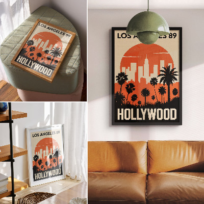 Decoratieve poster Silhouetten van palmbomen in een moderne, stedelijke omgeving.