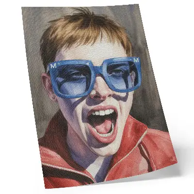 Decoratieve poster portret van een persoon met een bril in levendige kleuren met emoties