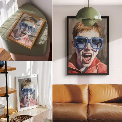 Decoratieve poster portret van een persoon met een bril in levendige kleuren met emoties