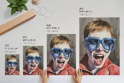 Decoratieve poster portret van een persoon met een bril in levendige kleuren met emoties