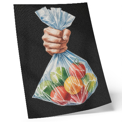 Wandposter Een hand met een plastic zak vol kleurrijk fruit.