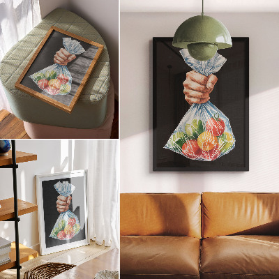 Wandposter Een hand met een plastic zak vol kleurrijk fruit.