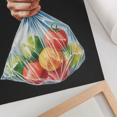 Wandposter Een hand met een plastic zak vol kleurrijk fruit.