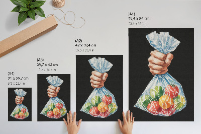 Wandposter Een hand met een plastic zak vol kleurrijk fruit.