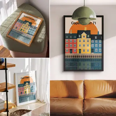 Poster kleurrijke huizen aan het water in minimalistische stijl