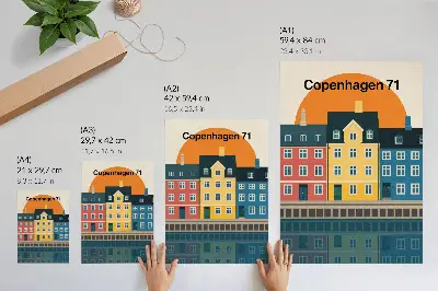 Poster kleurrijke huizen aan het water in minimalistische stijl