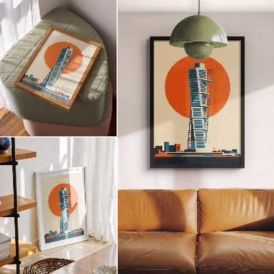 Decoratieve poster Oranje zon moderne wolkenkrabber geometrische vormen