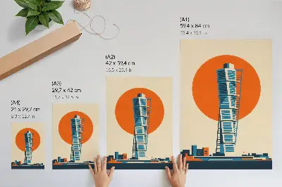 Decoratieve poster oranje zon met moderne wolkenkrabber en geometrische vormen