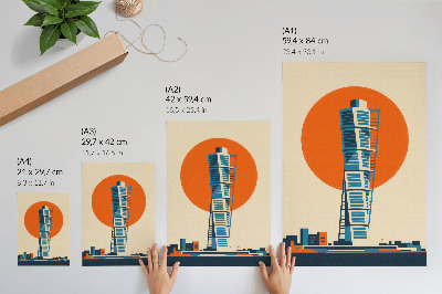 Decoratieve poster Oranje zon moderne wolkenkrabber geometrische vormen