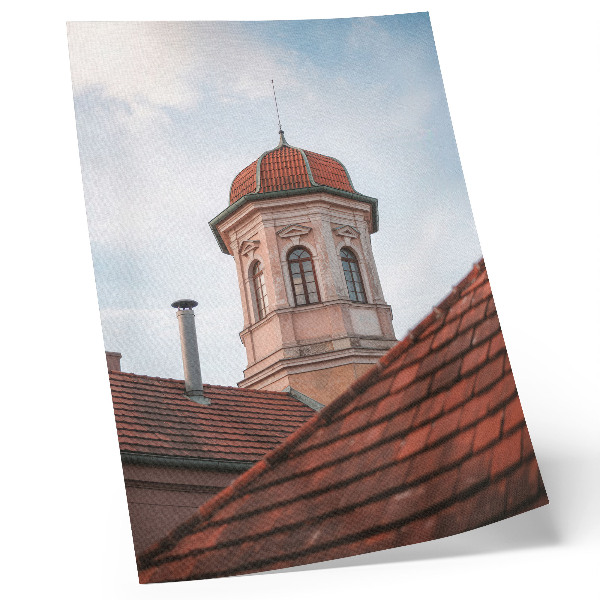 Wandposter Rustieke toren, bakstenen dakpannen, blauwe lucht