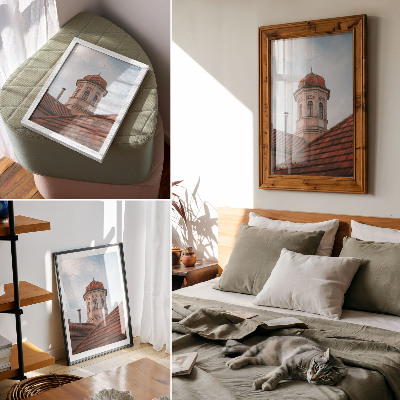 Wandposter Rustieke toren, bakstenen dakpannen, blauwe lucht