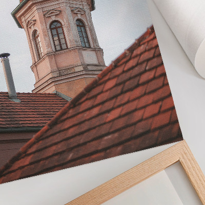 Wandposter Rustieke toren, bakstenen dakpannen, blauwe lucht
