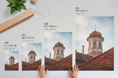 Wandposter Rustieke toren, bakstenen dakpannen, blauwe lucht