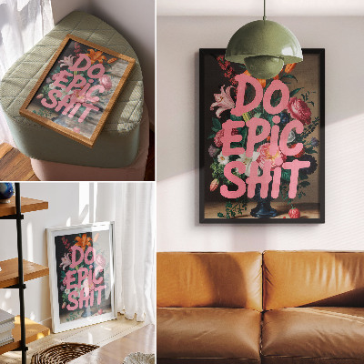 Poster Kleurrijke bloemen, roze letters, levendig contrast