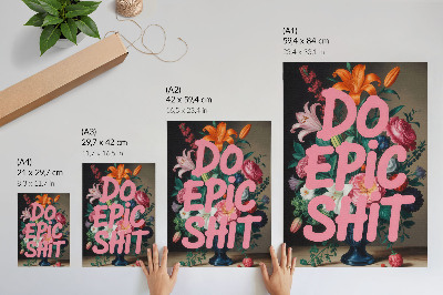 Poster Kleurrijke bloemen, roze letters, levendig contrast