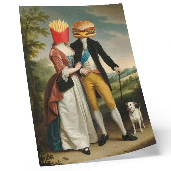 Decoratieve poster met surrealistische scène van hoofden met friet en hamburger