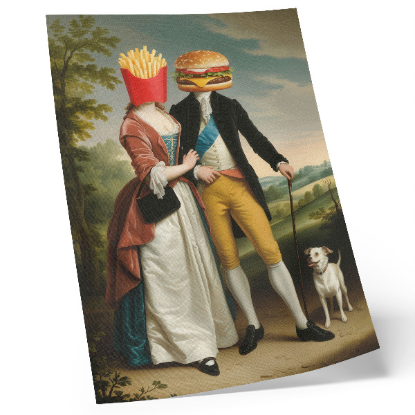 Decoratieve poster Surrealistische scène humor hoofden friet hamburger
