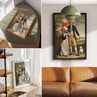 Decoratieve poster met surrealistische scène van hoofden met friet en hamburger
