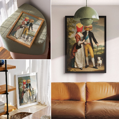 Decoratieve poster Surrealistische scène humor hoofden friet hamburger