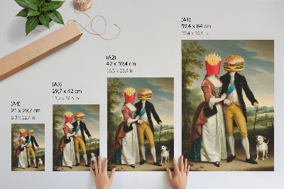 Decoratieve poster Surrealistische scène humor hoofden friet hamburger