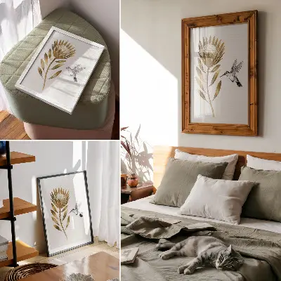 Decoratieve poster met een modern motief van kolibries en bloemen