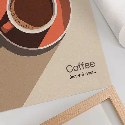 Decoratieve poster met een minimalistische afbeelding van een koffiekopje in warme kleuren