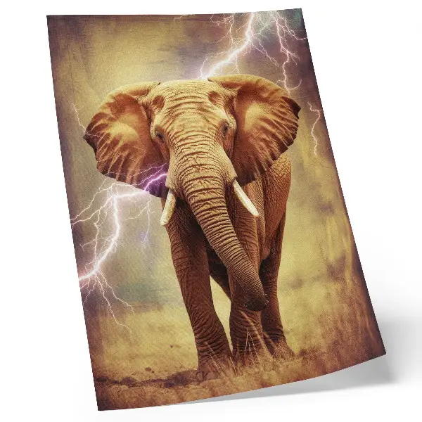 Decoratieve poster met een olifant, bliksem en dynamisch landschap