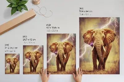 Decoratieve poster met een olifant, bliksem en dynamisch landschap