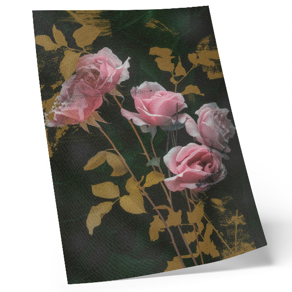 Poster Roze rozen, groene bladeren, gouden accenten, elegantie