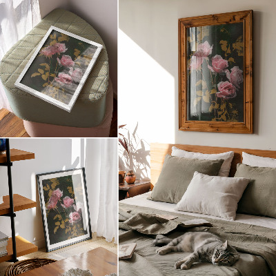 Poster Roze rozen, groene bladeren, gouden accenten, elegantie