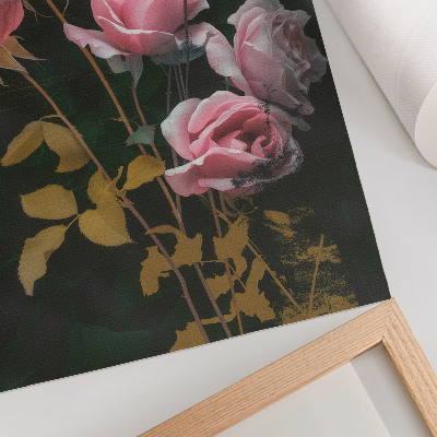 Poster Roze rozen, groene bladeren, gouden accenten, elegantie