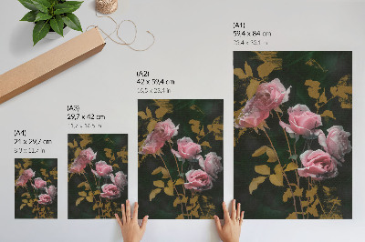 Poster Roze rozen, groene bladeren, gouden accenten, elegantie
