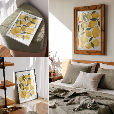 Decoratieve poster Gouden citroenen, groene bladeren, heldere achtergrond, geen beweging.