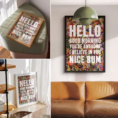 Decoratieve poster kleurrijke bloemen met witte tekst en moderne typografie