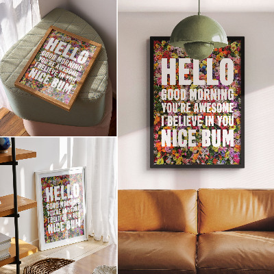Decoratieve poster Kleurrijke bloemen met witte tekst, moderne typografie.