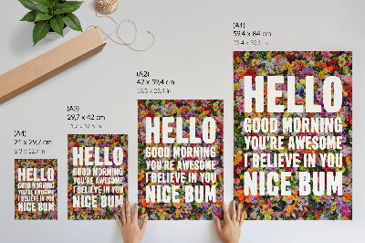 Decoratieve poster Kleurrijke bloemen met witte tekst, moderne typografie.