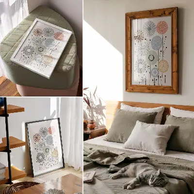 Poster met kleurrijke geometrische bloemen op een lichte achtergrond