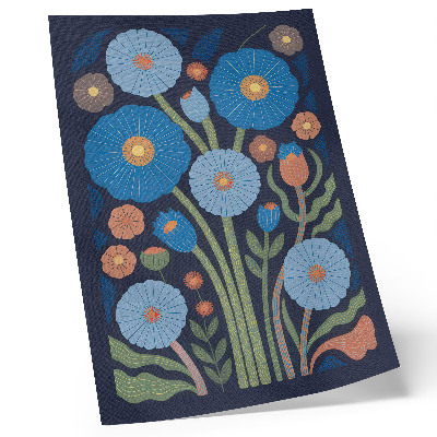Poster Blauwe bloemen, oranje accenten, donkerblauwe achtergrond