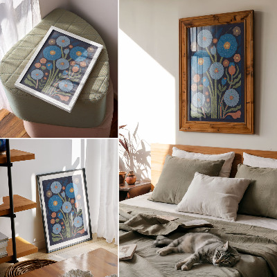 Poster Blauwe bloemen, oranje accenten, donkerblauwe achtergrond