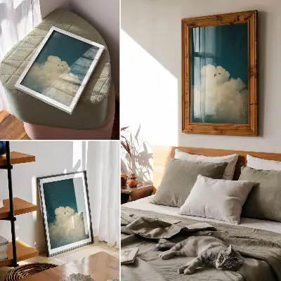 Wandposter witte wolken met een turkooizen lucht en twee vogels