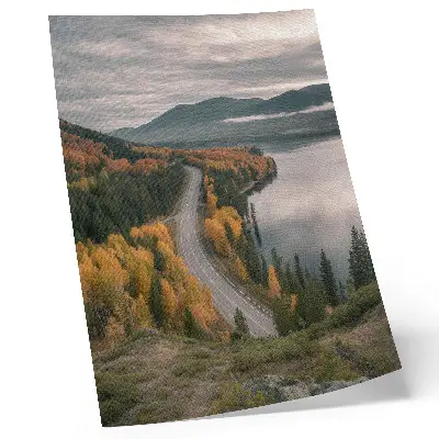 Decoratieve poster pittoreske weg tussen de bomen langs het meer
