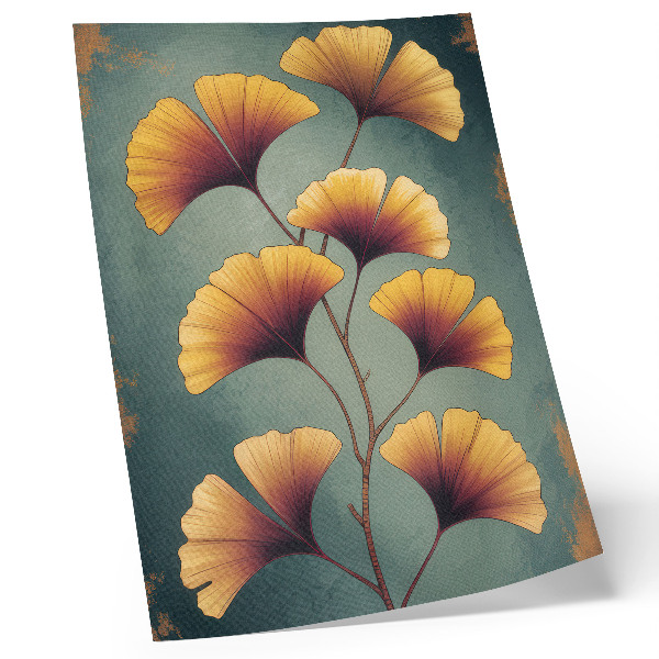 Wandposter Gele bladeren, turquoise achtergrond, moderne uitstraling