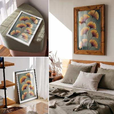 Wandposter Gele bladeren, turquoise achtergrond, moderne uitstraling