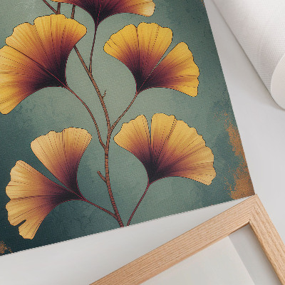 Wandposter Gele bladeren, turquoise achtergrond, moderne uitstraling