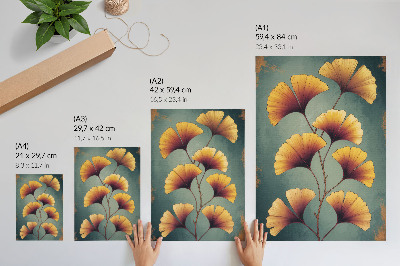 Wandposter Gele bladeren, turquoise achtergrond, moderne uitstraling