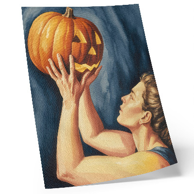 Wandposter Oranje pompoen met donkerblauwe achtergrond, surrealisme