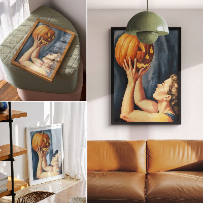 Wandposter Oranje pompoen met donkerblauwe achtergrond, surrealisme