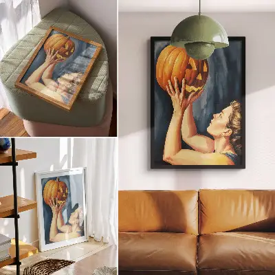 Wandposter oranje pompoen met een donkerblauwe achtergrond in surrealistische stijl