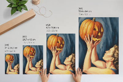 Wandposter Oranje pompoen met donkerblauwe achtergrond, surrealisme