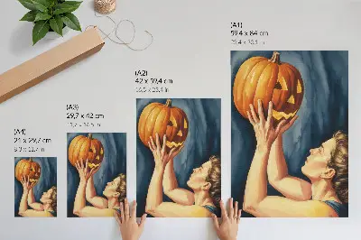 Wandposter oranje pompoen met een donkerblauwe achtergrond in surrealistische stijl
